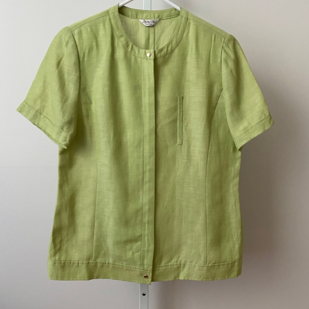 Shin‎ Dong Sook Boutique Lime Green Wool Linen Short Sleeve Blouse Top Korean S